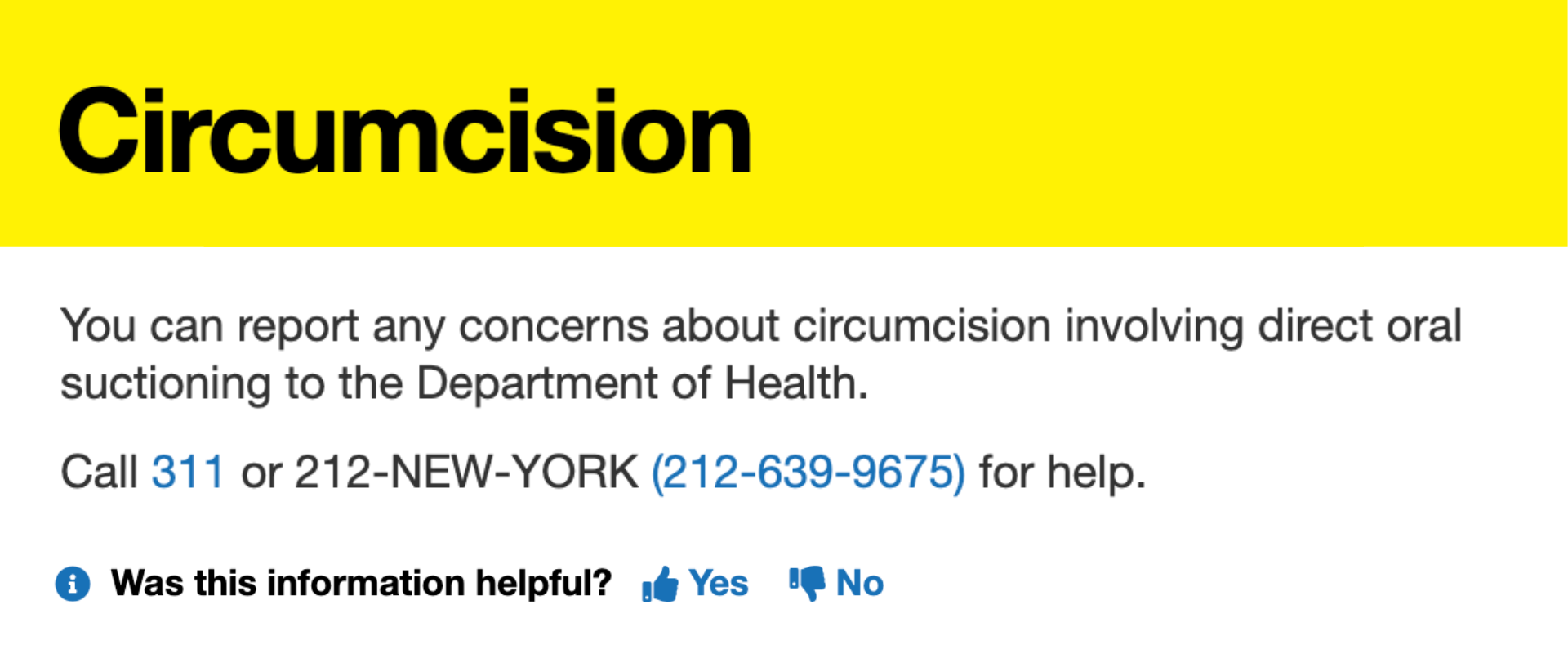 A screenshot of a 311 page titled Circumcision. The body reads 'You can report any concerns about circumcision involving direct oral suctioning to the Department of Health. Call 311 or 212-NEW-YORK (212-639-9675) for help.'